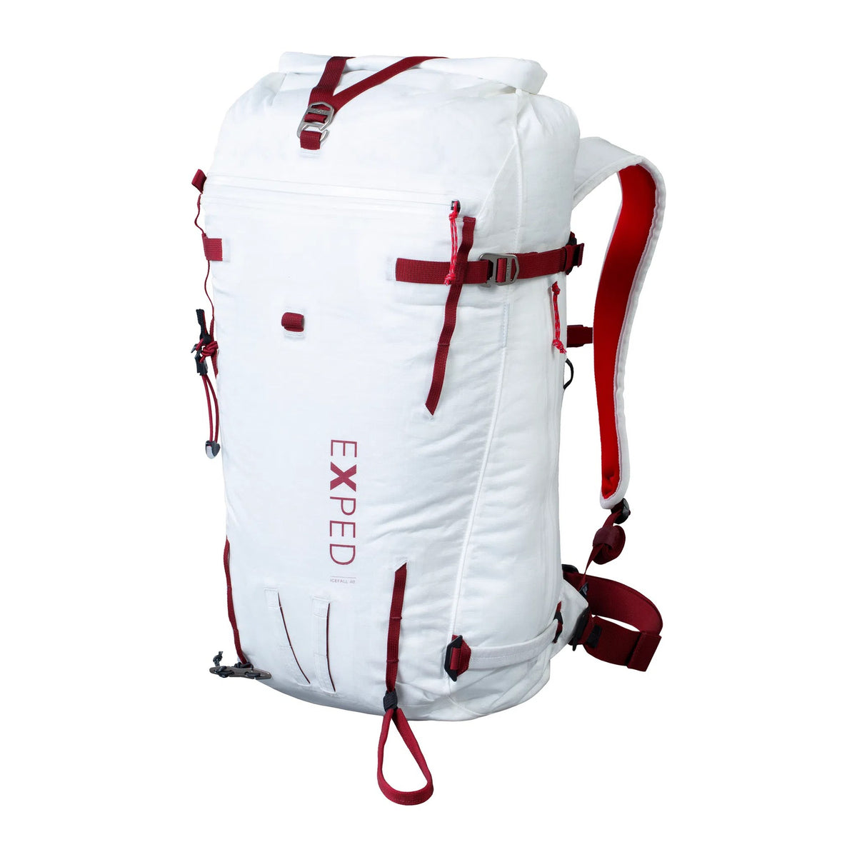 Exped Icefall 40 i hvitt med røde stropper, sett forfra