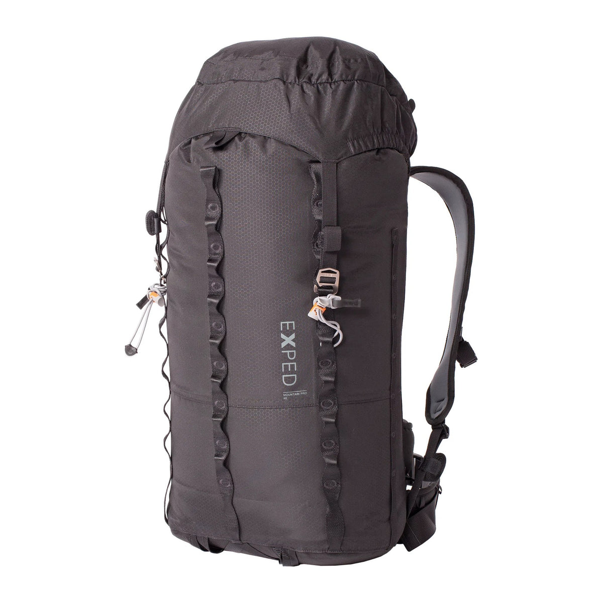 Exped Mountain Pro 40 i svart, sett forfra med daisy chains og stropper
