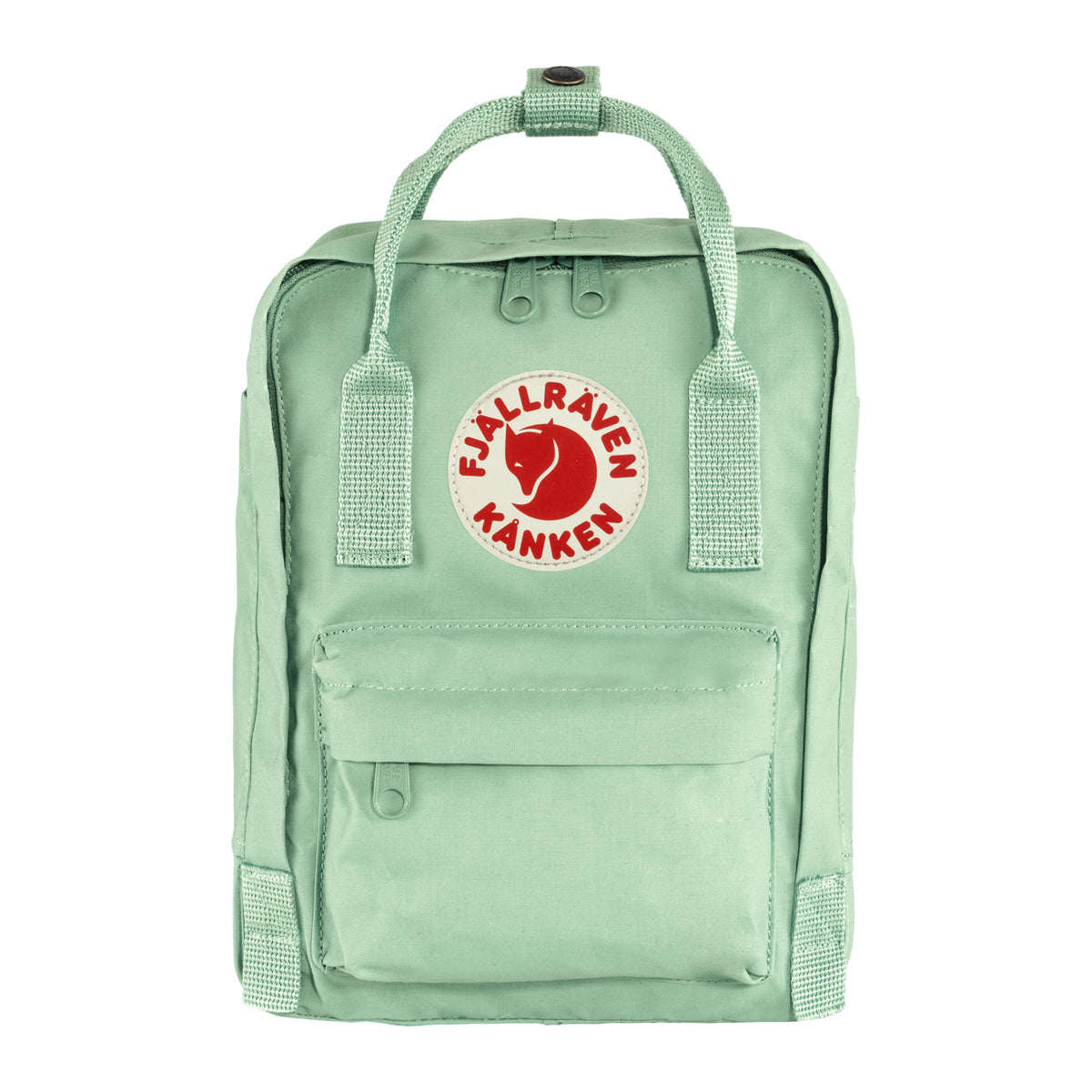 Fjällräven Kånken Mini i mintgrønt, sett forfra med logoen