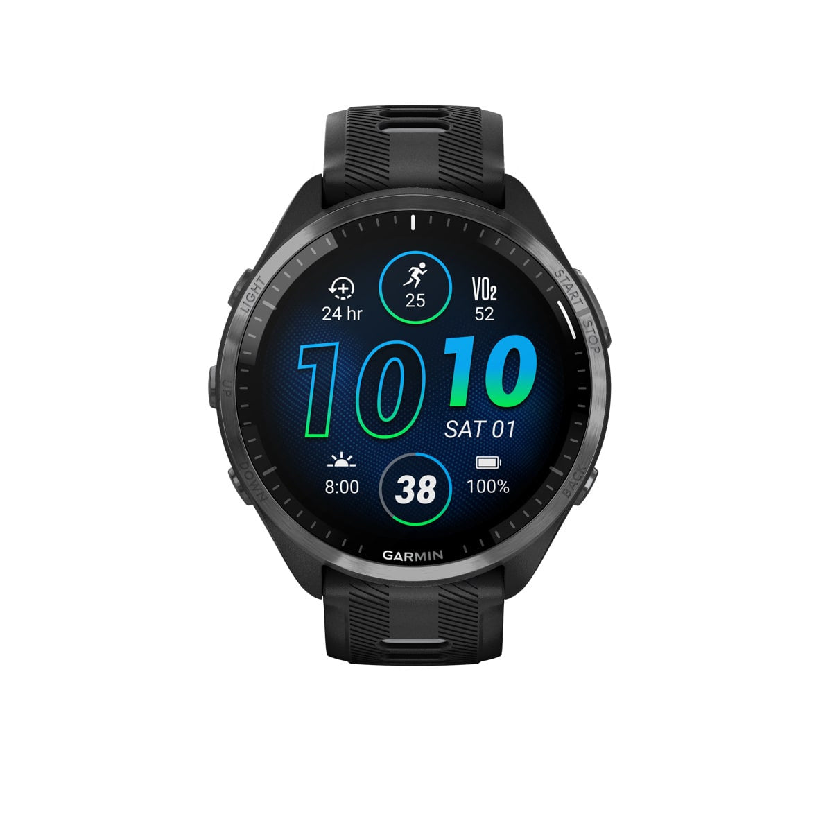 Garmin Forerunner 965 sett rett forfra med AMOLED-skjermen