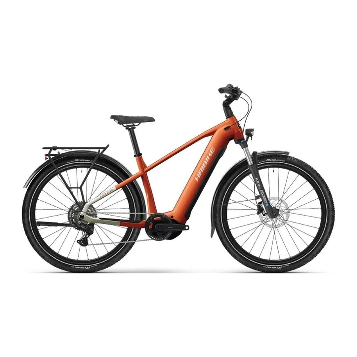 Haibike Trekking 4 i oransje og sølv, sett fra siden