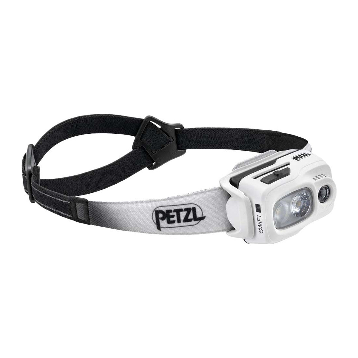 Petzl Swift RL hodelykt i hvitt med hodebånd, sett fra siden