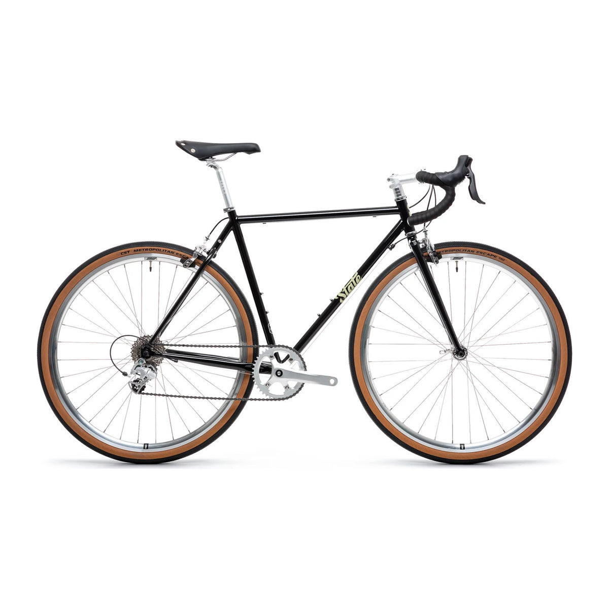 State 4130 Road v2 landeveissykkel i svart med brune sidedekk, sett fra siden