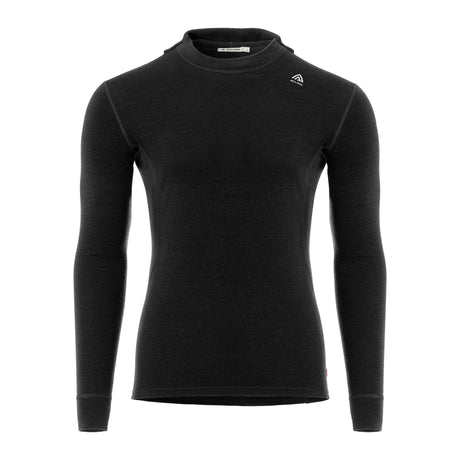 Aclima WarmWool Hoodsweater i svart med hetten ned, sett forfra