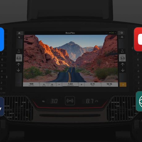 Skjermen på BowFlex T16 med strømmetjenester tilgjengelig