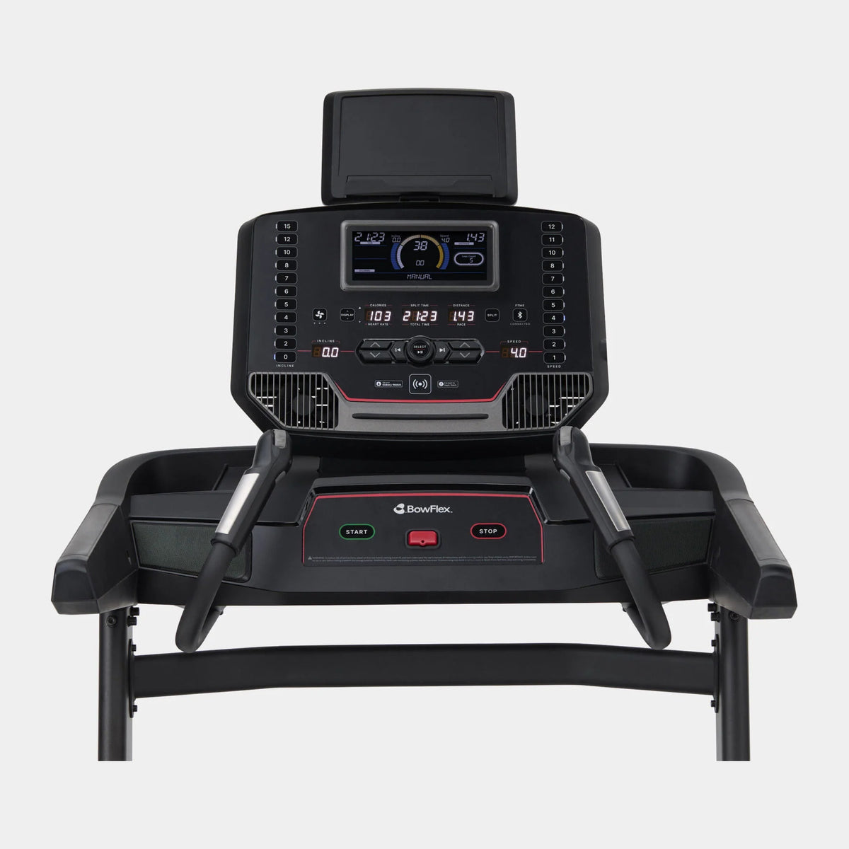 Nærbilde av LCD-konsollen på BowFlex T9
