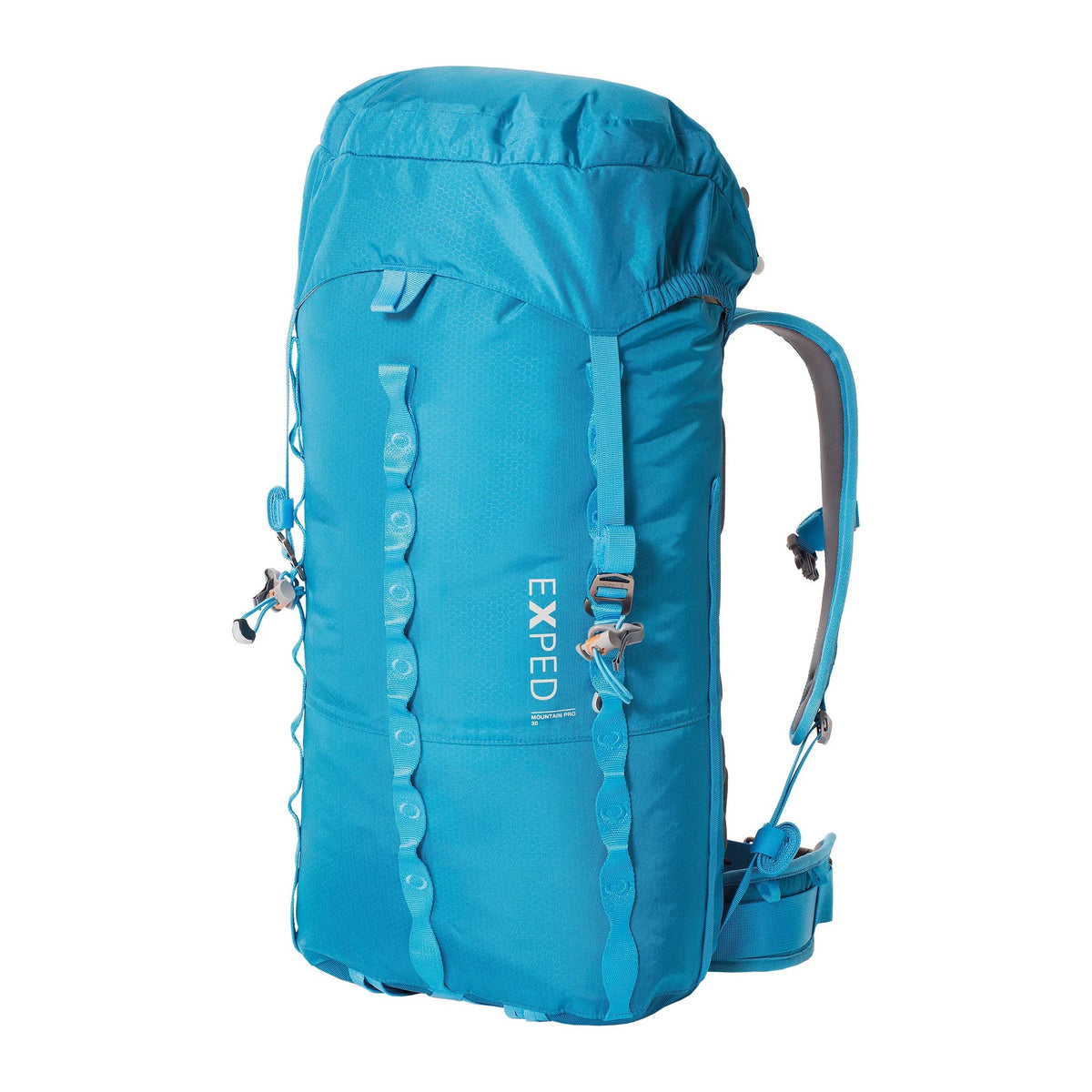 Exped Mountain Pro 30 Wmns i blått, sett forfra med daisy chains
