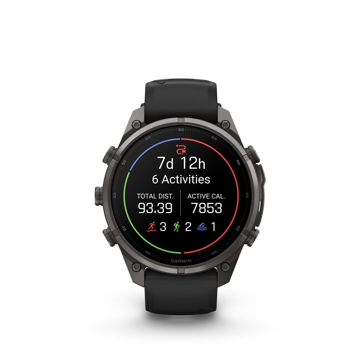 Fenix 9 Pro som viser ukesoppsummering av aktiviteter