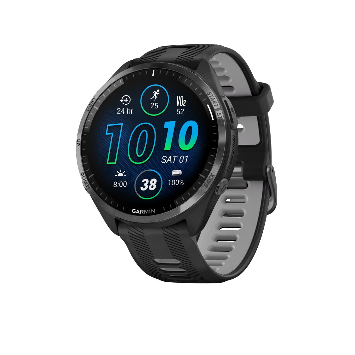Garmin Forerunner 965 med urskive som viser klokkeslett og puls