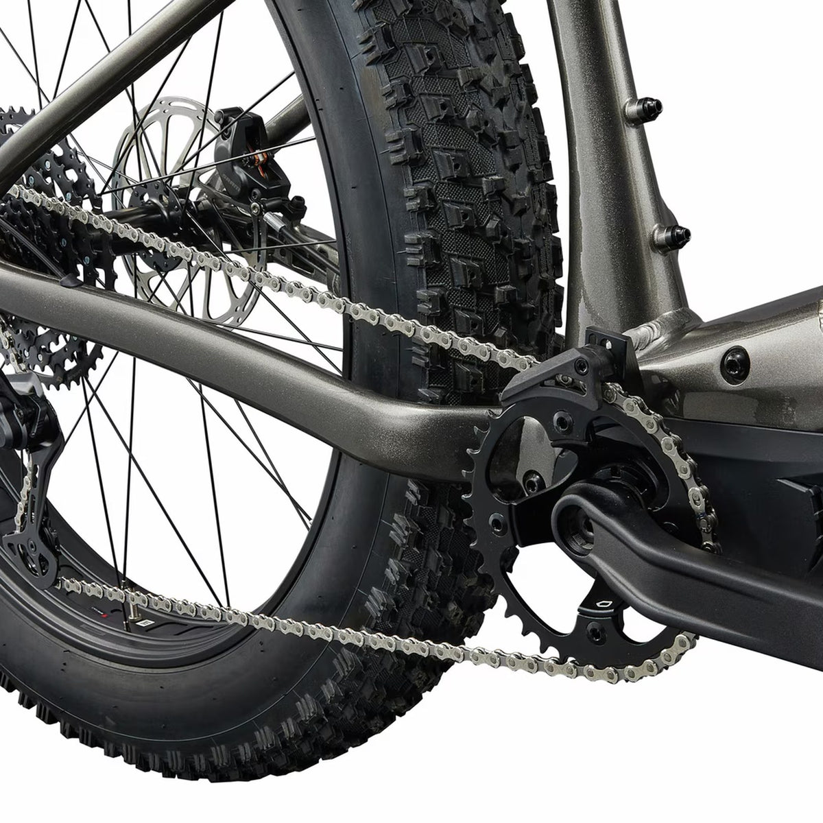 Nærbilde av krank og bredt fatbike-dekk