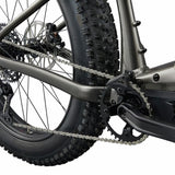 Nærbilde av krank og bredt fatbike-dekk
