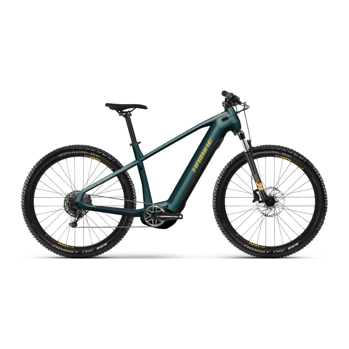 Haibike Alltrack 6 i Ocean-blågrønn, sett fra siden