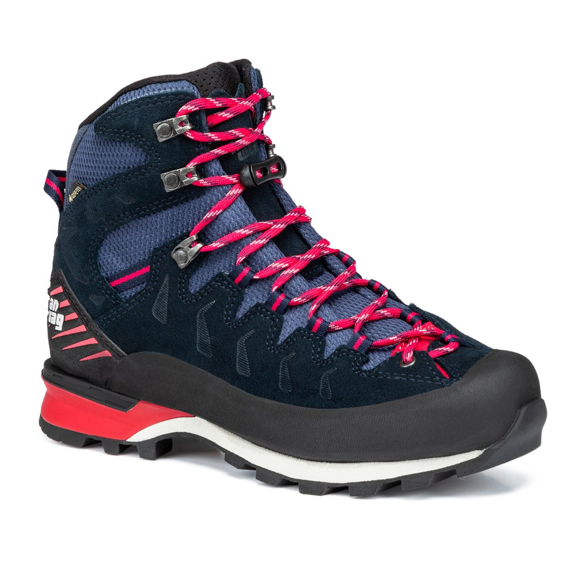 Hanwag Makra Pro Bunion GTX i marineblått med rosa lisser, sett fra siden