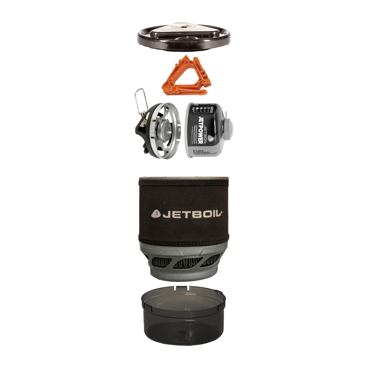 Brenner, gassboks og tilbehør som følger med Jetboil MiniMo