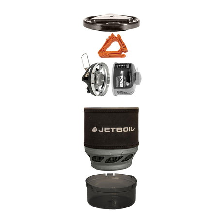 Brenner, gassboks og tilbehør som følger med Jetboil MiniMo