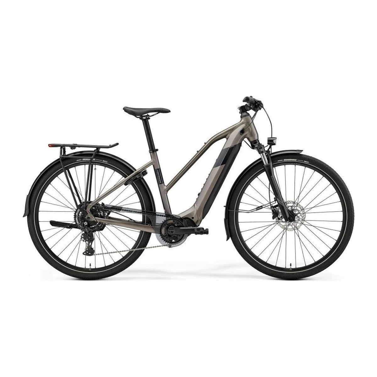 Merida eSPRESSO L 400 EQ i Warm Slate Grey med lav gjennomstigningsramme, sett fra siden