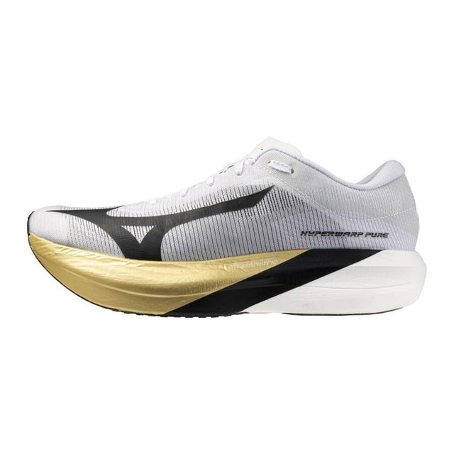 Mizuno Hyperwarp Pure i hvitt, svart og gull sett fra utsiden