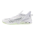 Mizuno Wave Mirage 5 i hvitt med lysegrønn såle, sett fra utsiden