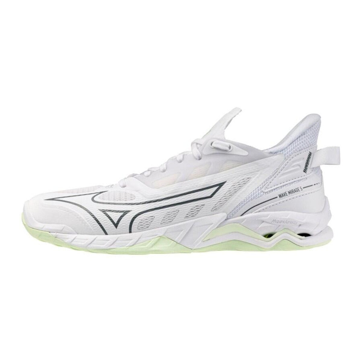 Mizuno Wave Mirage 5 i hvitt med lysegrønn såle, sett fra utsiden