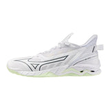 Mizuno Wave Mirage 5 i hvitt med lysegrønn såle, sett fra utsiden