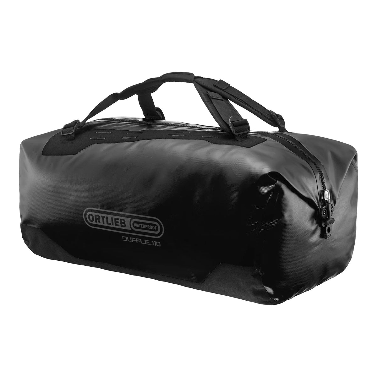 Ortlieb Duffle 110 i svart, liggende, sett forfra med bærehåndtakene