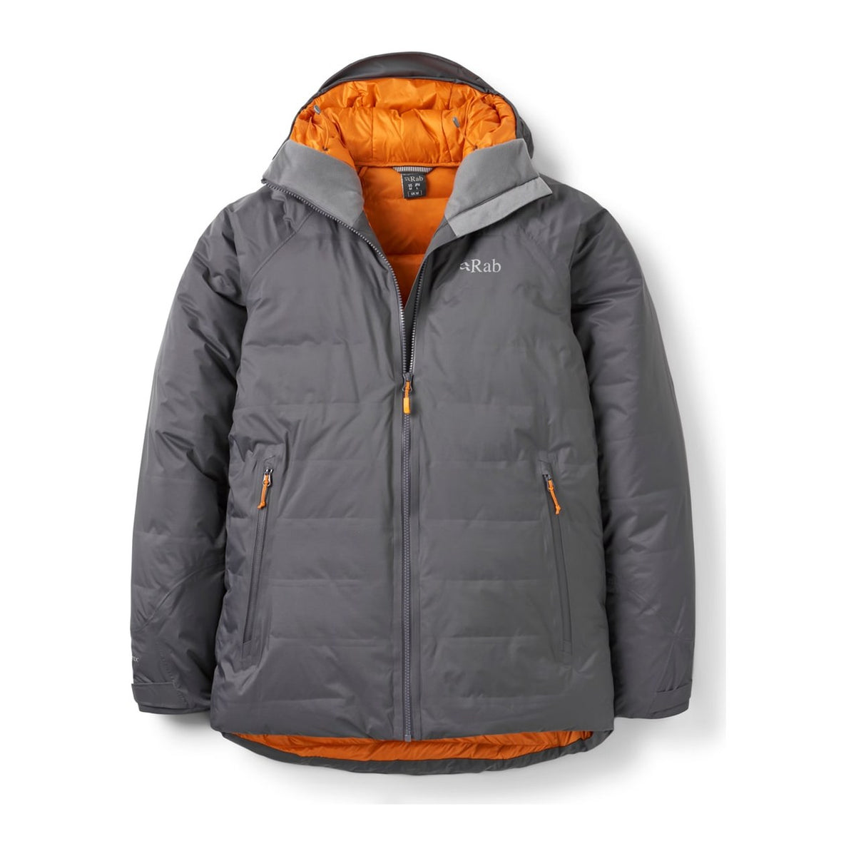 Rab Valiance dunjakke i grått med oransje for, sett forfra