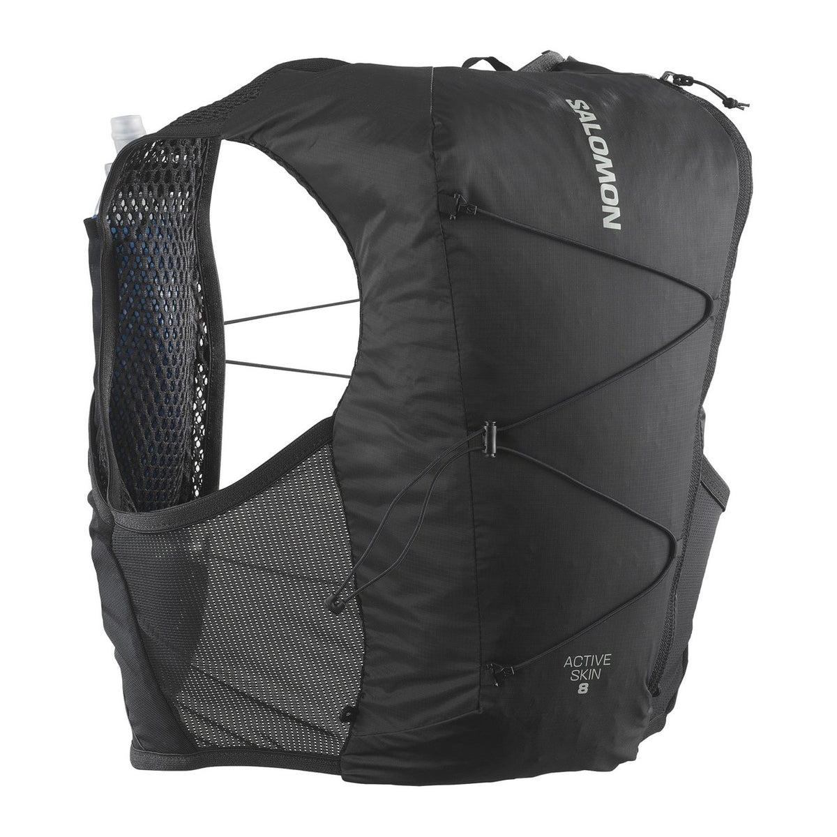 Salomon Active Skin 8 løpevest i svart, sett forfra