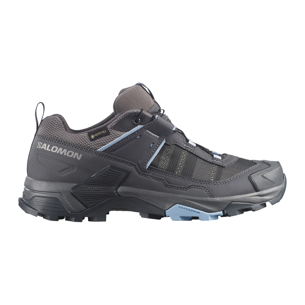 Salomon X Ultra 5 GTX til dame i grått og lyseblått, sett fra siden